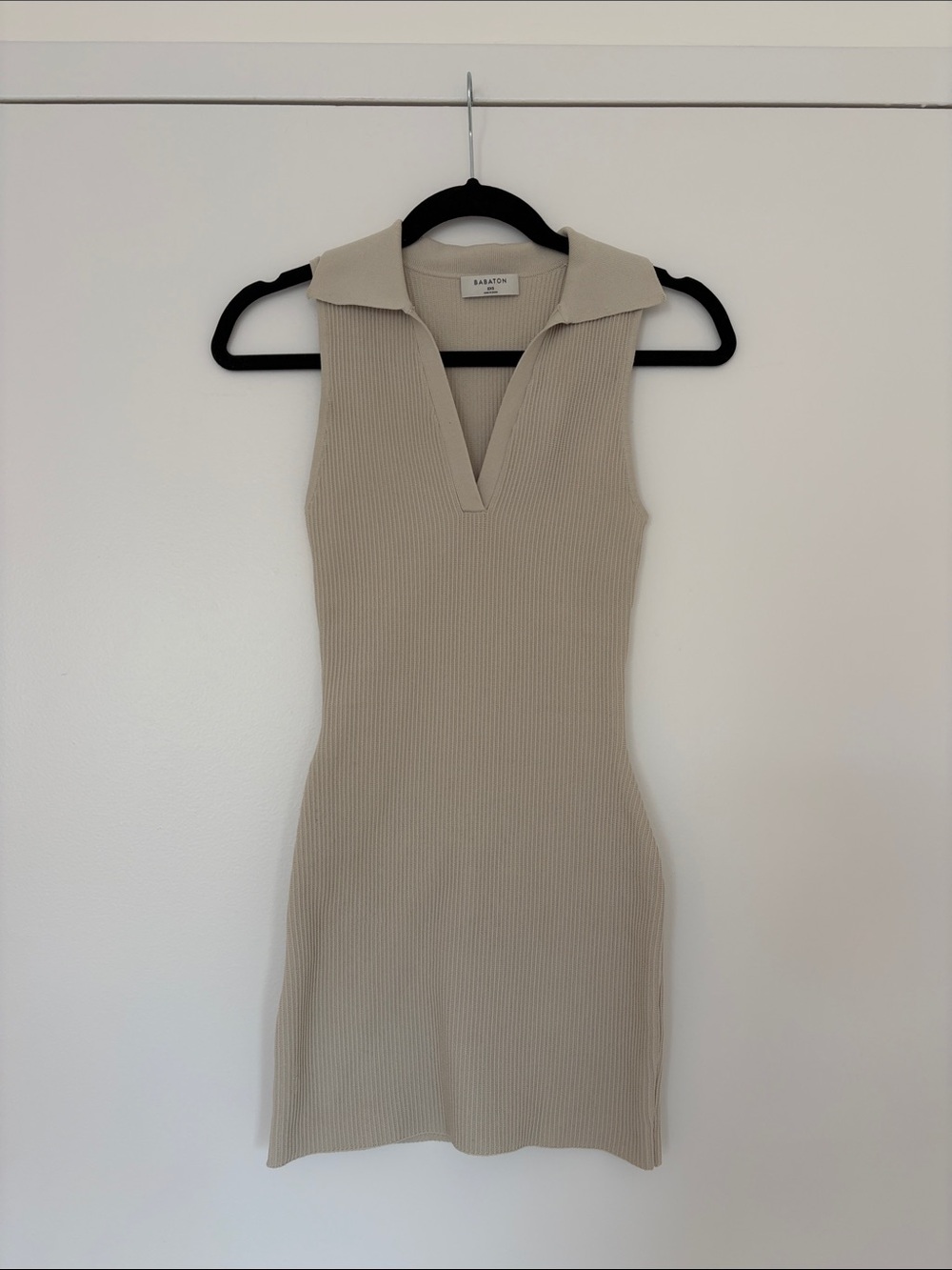 Babaton Ribbed Sleeveless Collared Mini Dress in Beige